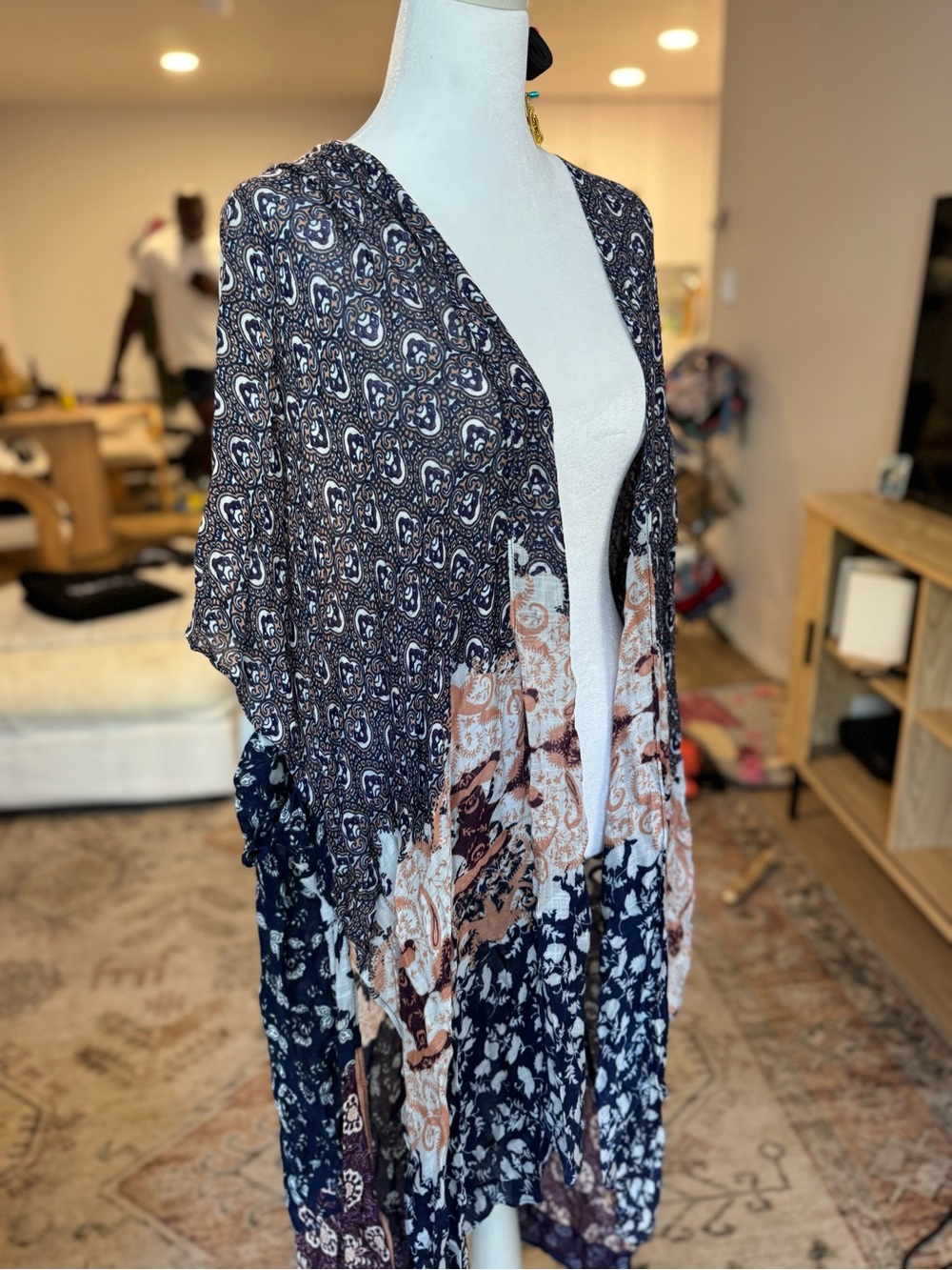 Boho Patterned Kimono Cardigan in Navy, White & Rust